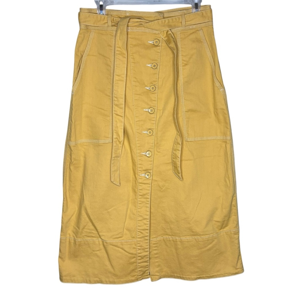 Ulla Johnson denim skirt yellow Tie Front Midi womens size 6 belted tie waist - Picture 3 of 8